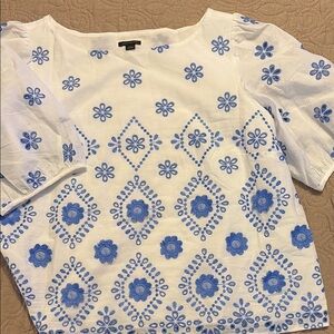 Ann Taylor White and Blue Embroidered Top NWOT